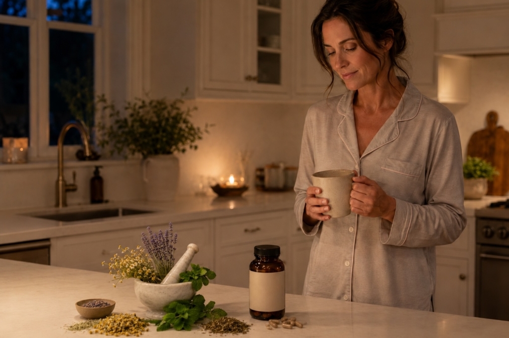Woman preparing herbal supplements in a cozy kitchen for health and wellness.